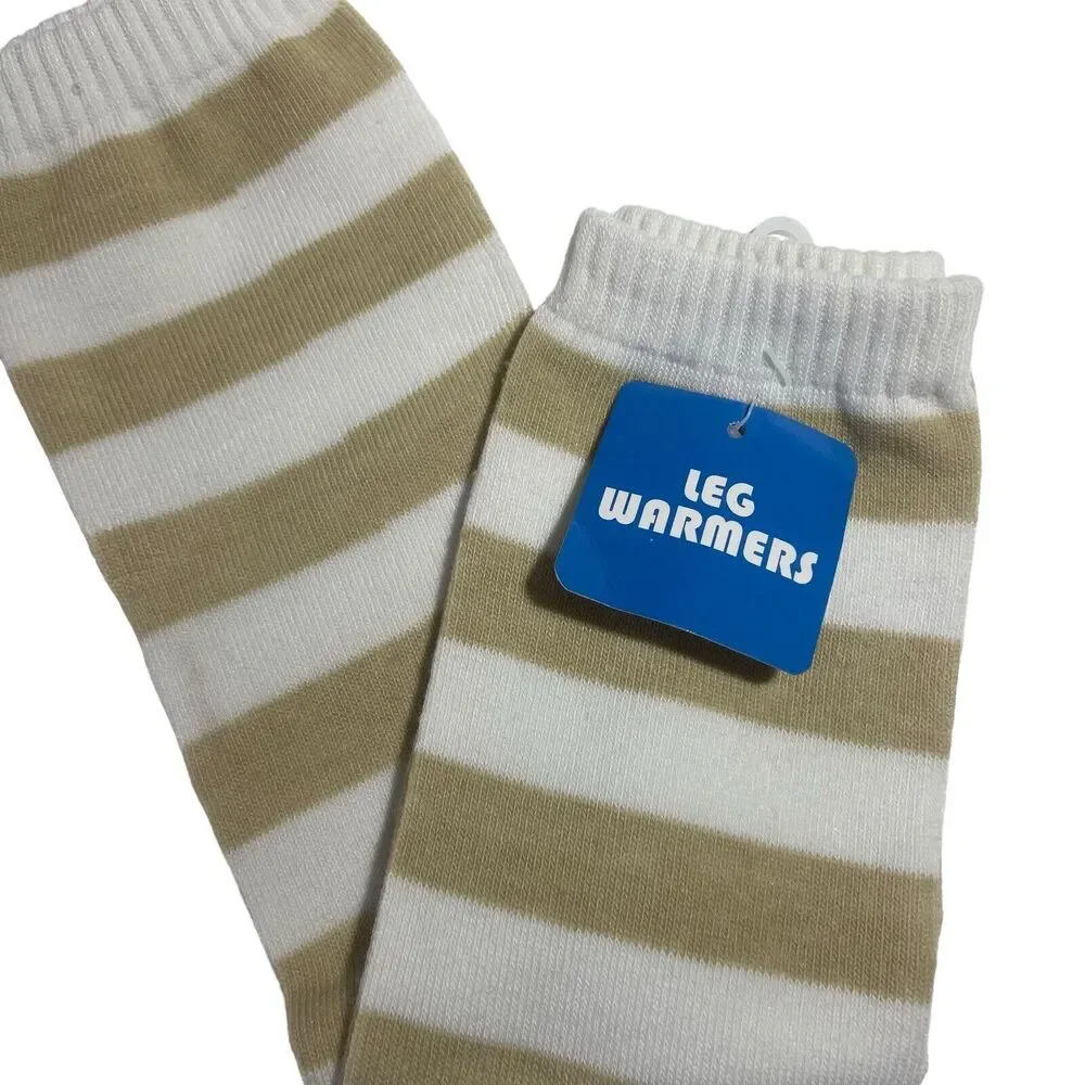 Women's One Size Knit High Leg Warmers Socks White Beige Striped Cotton Blend